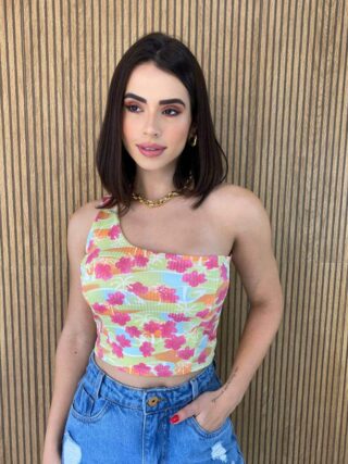 Cropped Feminino com Bojo Canelado Nula Manga Fundo Verde - Fernanda Ramos Store