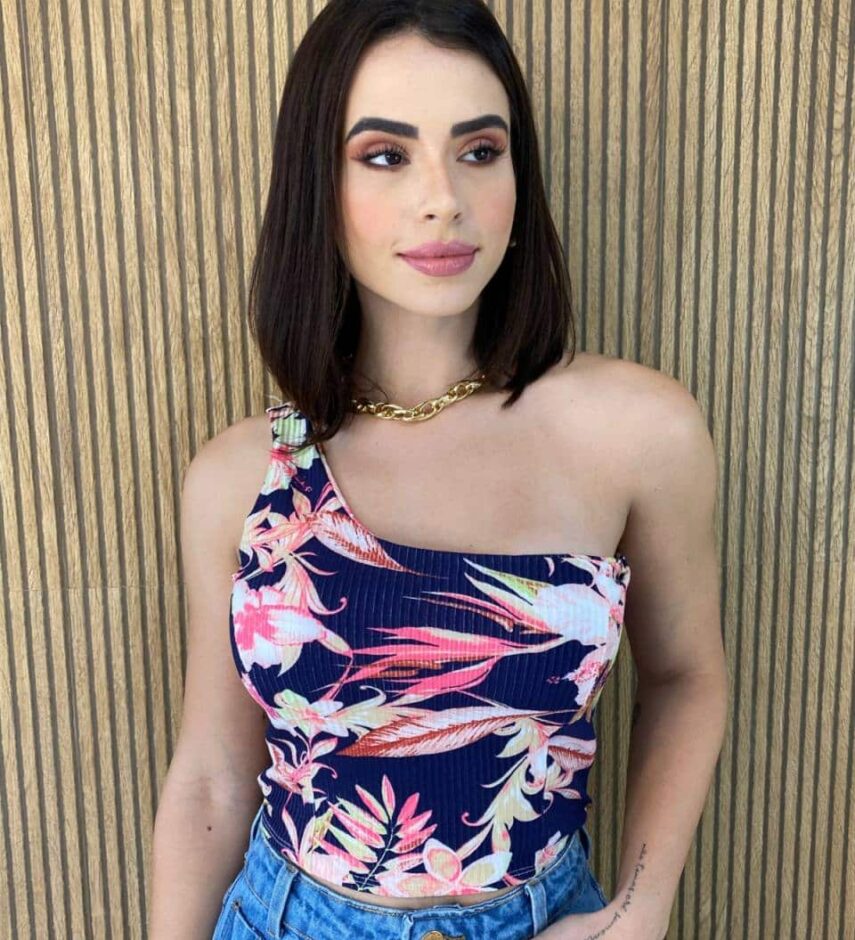 Cropped Feminino com Bojo Canelado Nula Manga Fundo Azul - Fernanda Ramos Store