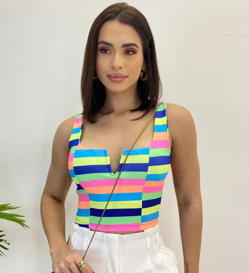 Cropped Feminino com Bojo Decote V Listrado - Fernanda Ramos Store