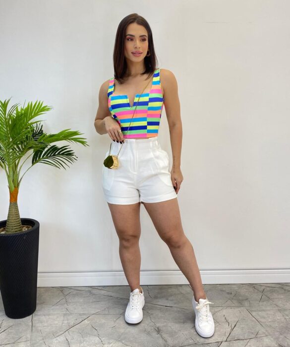 Cropped Feminino com Bojo Decote V Listrado - Fernanda Ramos Store