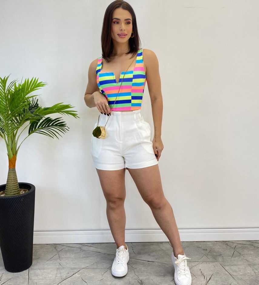 Cropped Feminino com Bojo Decote V Listrado - Fernanda Ramos Store
