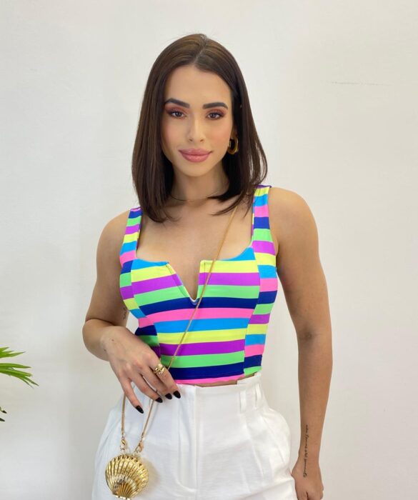 Cropped Feminino com Bojo Decote V Listrado Colorido - Fernanda Ramos Store