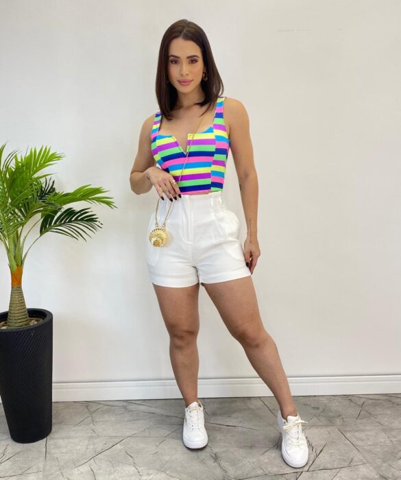 Cropped Feminino com Bojo Decote V Listrado Colorido - Fernanda Ramos Store