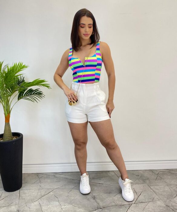 Cropped Feminino com Bojo Decote V Listrado Colorido - Fernanda Ramos Store