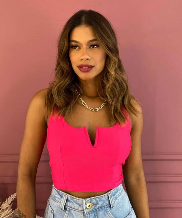 Cropped Feminino com Bojo Decote V Pink - Fernanda Ramos Store