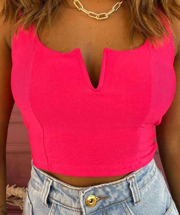 Cropped Feminino com Bojo Decote V Pink - Fernanda Ramos Store