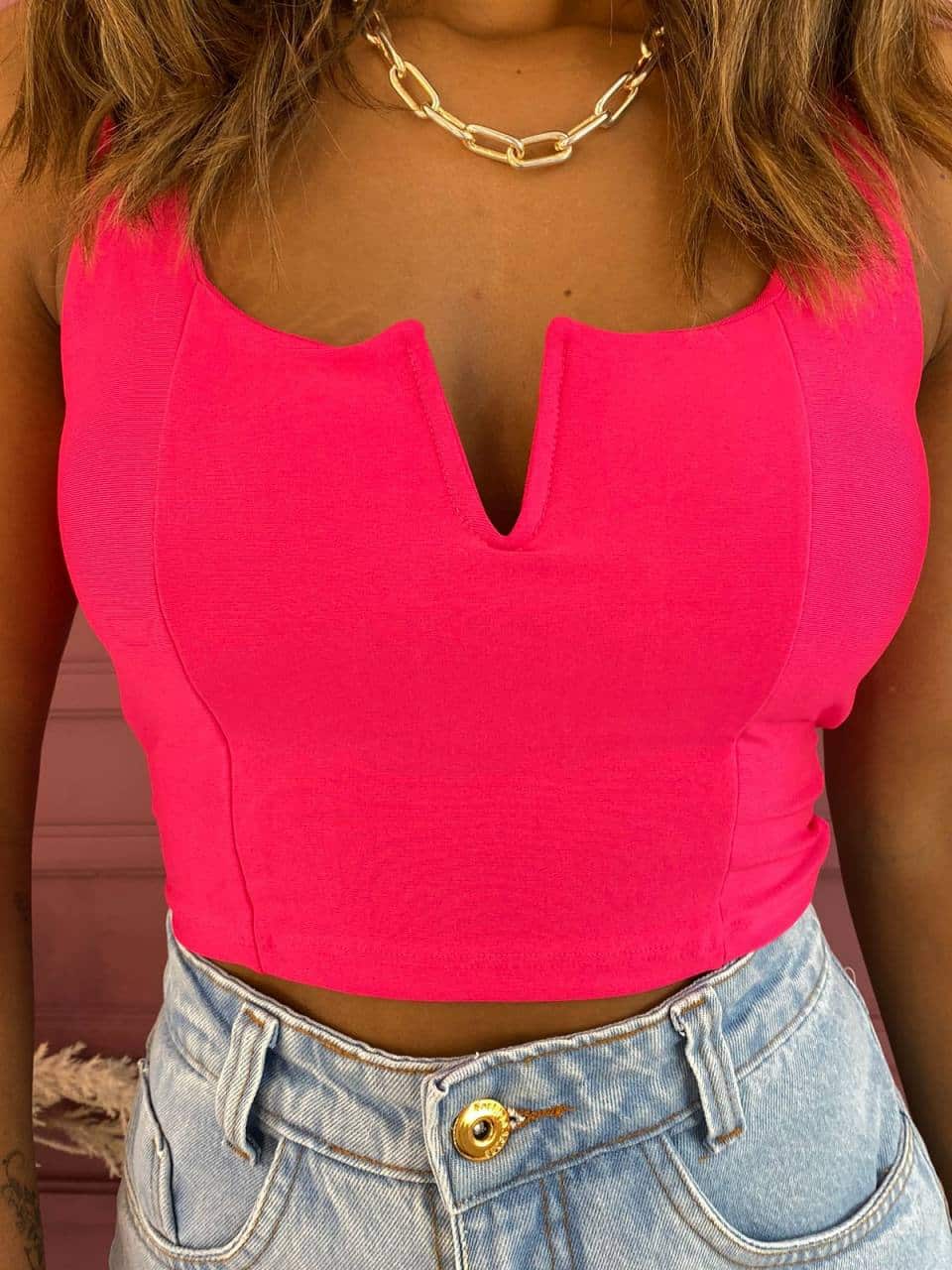 Cropped Feminino com Bojo Decote V Pink