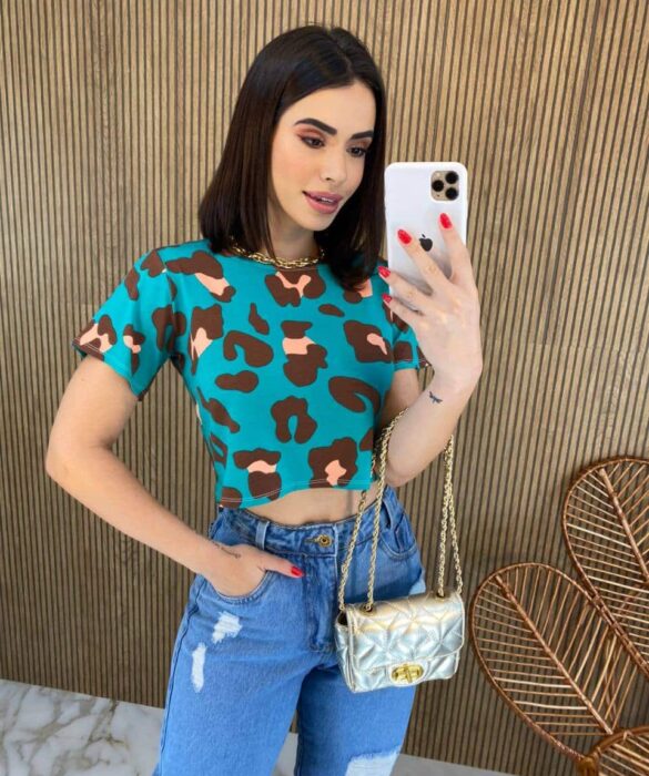 Cropped Feminino sem Bojo Verde Animal Print Terra Fernanda Ramos Store