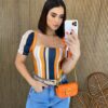 Cropped Feminino com Bojo Estampado Azul e Laranja Fernanda Ramos Store