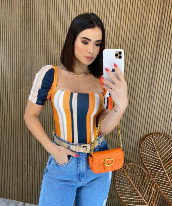 Cropped Feminino com Bojo Estampado Azul e Laranja Fernanda Ramos Store