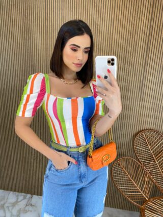 Cropped Feminino com Bojo Estampado Listrado Fernanda Ramos Store