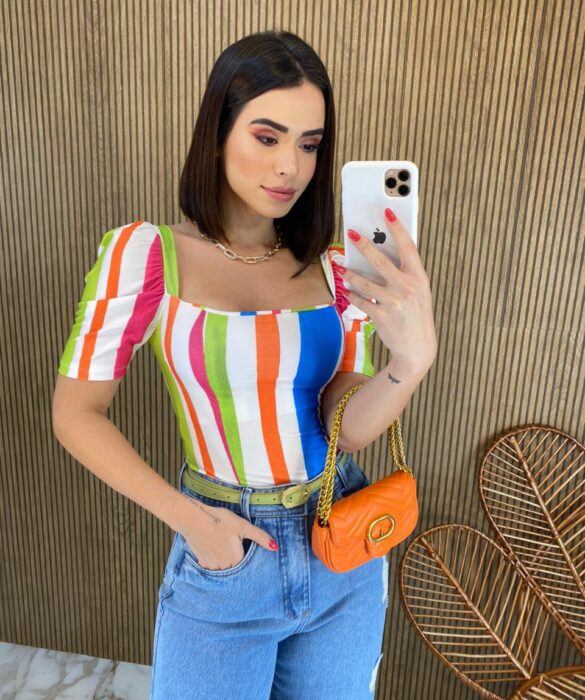 Cropped Feminino com Bojo Estampado Listrado Fernanda Ramos Store