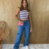 Cropped Feminino com Bojo Listrado Azul Cinza e Rosa Fernanda Ramos Store