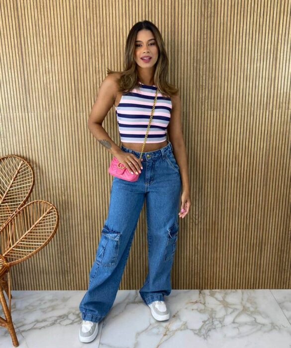 Cropped Feminino com Bojo Listrado Azul Cinza e Rosa Fernanda Ramos Store