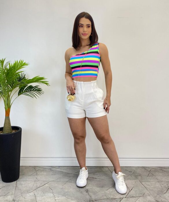 Cropped Feminino com Bojo Listrado Nula Manga - Fernanda Ramos Store