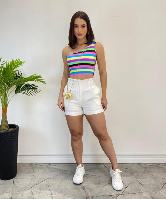 Cropped Feminino com Bojo Listrado Nula Manga - Fernanda Ramos Store