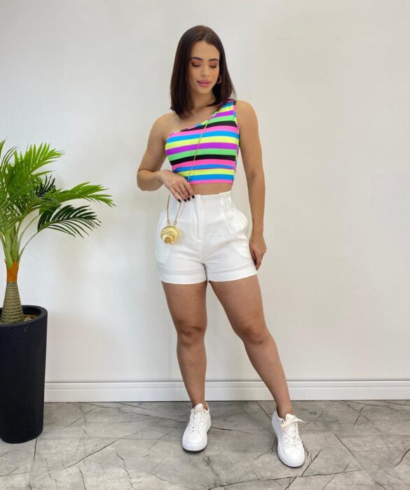 Cropped Feminino com Bojo Listrado Nula Manga - Fernanda Ramos Store