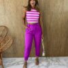 Cropped Feminino com Bojo Listrado Pink Fucsia e Branco Fernanda Ramos Store