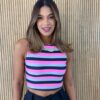 Cropped Feminino com Bojo Listrado Preto Pink e Cinza - Fernanda Ramos Store