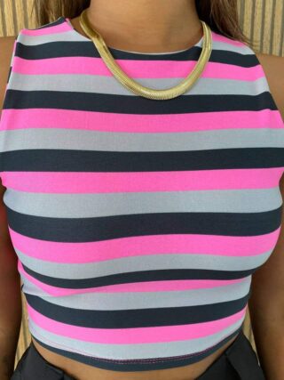 Cropped Feminino com Bojo Listrado Preto Pink e Cinza - Fernanda Ramos Store