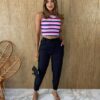 Cropped Feminino com Bojo Listrado Preto Pink e Cinza - Fernanda Ramos Store