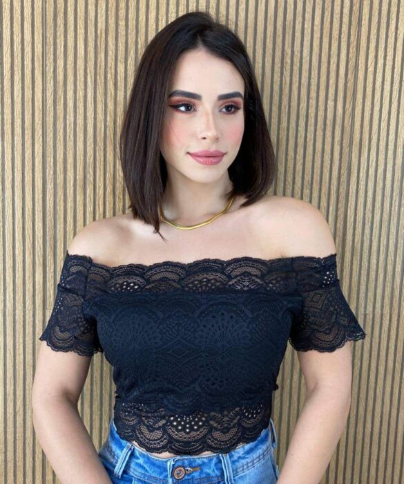 Cropped Feminino com Bojo Ombro a Ombro Renda Preto Fernanda Ramos Store