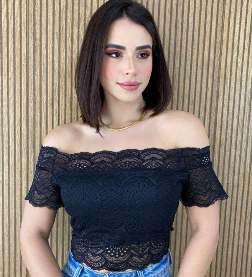 Cropped Feminino com Bojo Ombro a Ombro Renda Preto Fernanda Ramos Store