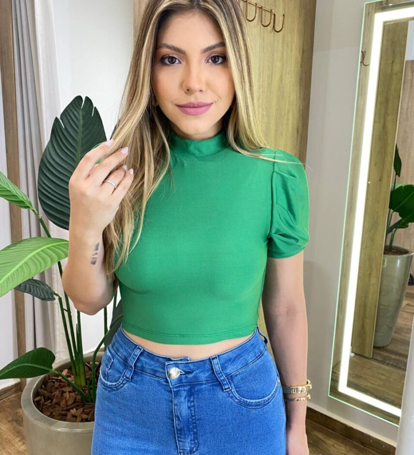 Cropped Feminino Leticia sem Bojo Manga Princesa Verde - Fernanda Ramos Store