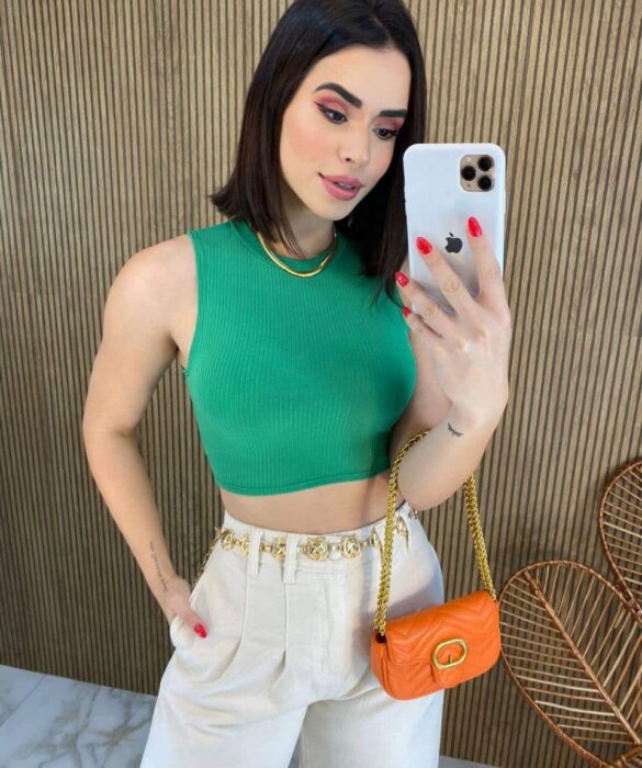 Cropped Feminino Malha Canelada sem Bojo Verde - Fernanda Ramos Store