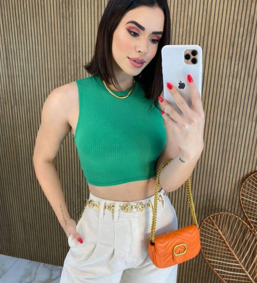 Cropped Feminino Malha Canelada sem Bojo Verde - Fernanda Ramos Store