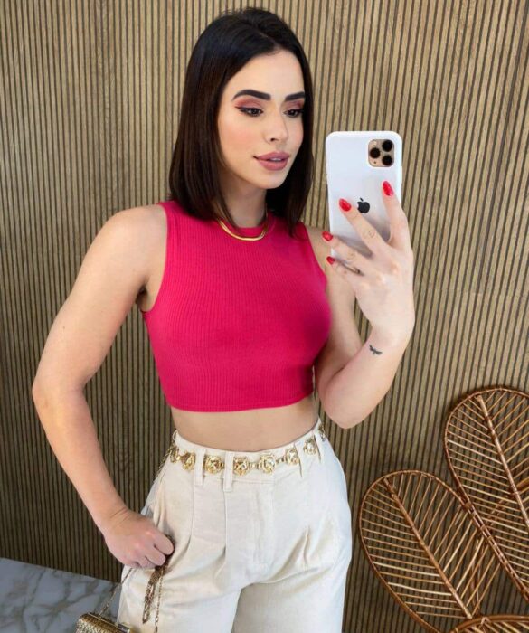 Cropped Feminino Malha Canelada sem Bojo Pink - Fernanda Ramos Store