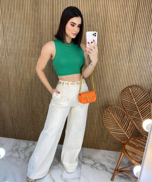 Cropped Feminino Malha Canelada sem Bojo Verde - Fernanda Ramos Store