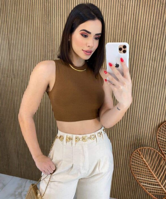 Cropped Feminino Malha Canelada sem Bojo Terra - Fernanda Ramos Store