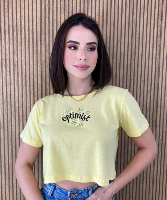 Cropped Feminino Manga Curta Optimist Amarelo Fernanda Ramos Store