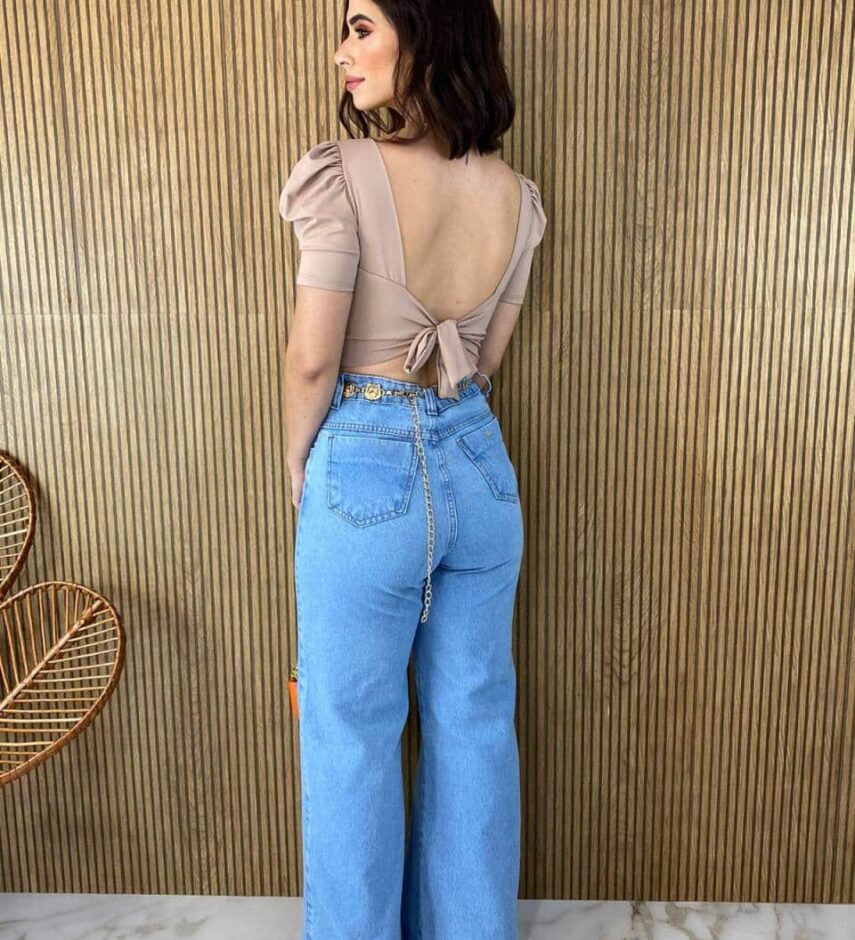 Cropped Feminino Manga Princesa com Bojo e Amarração Bege - Fernanda Ramos Store