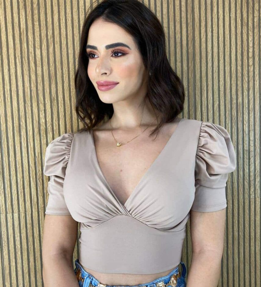 Cropped Feminino Manga Princesa com Bojo e Amarração Bege - Fernanda Ramos Store