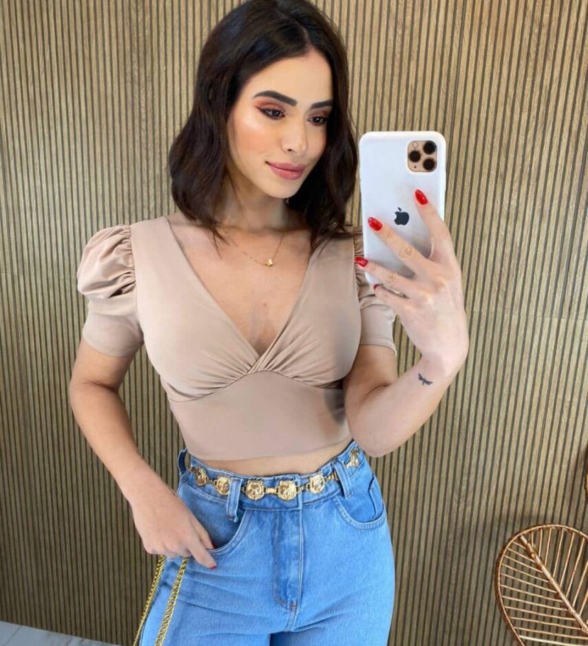Cropped Feminino Manga Princesa com Bojo e Amarração Bege - Fernanda Ramos Store