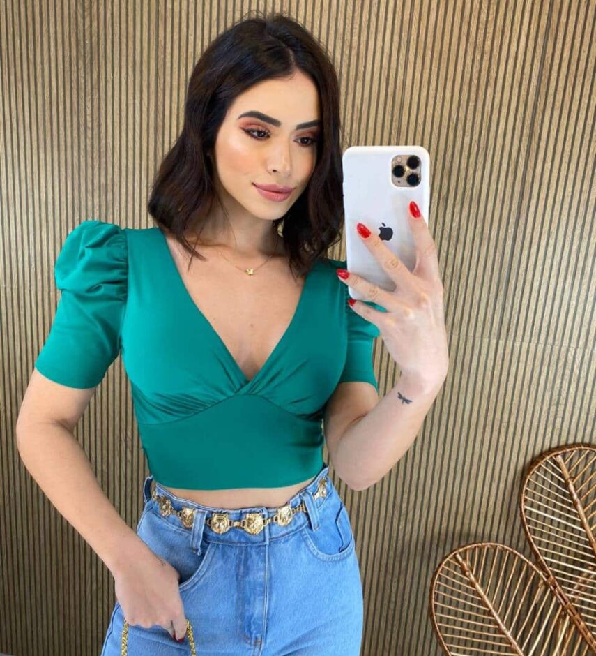 Cropped Feminino Manga Princesa com Bojo e Amarração Verde - Fernanda Ramos Store