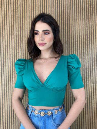 Cropped Feminino Manga Princesa com Bojo e Amarração Verde - Fernanda Ramos Store