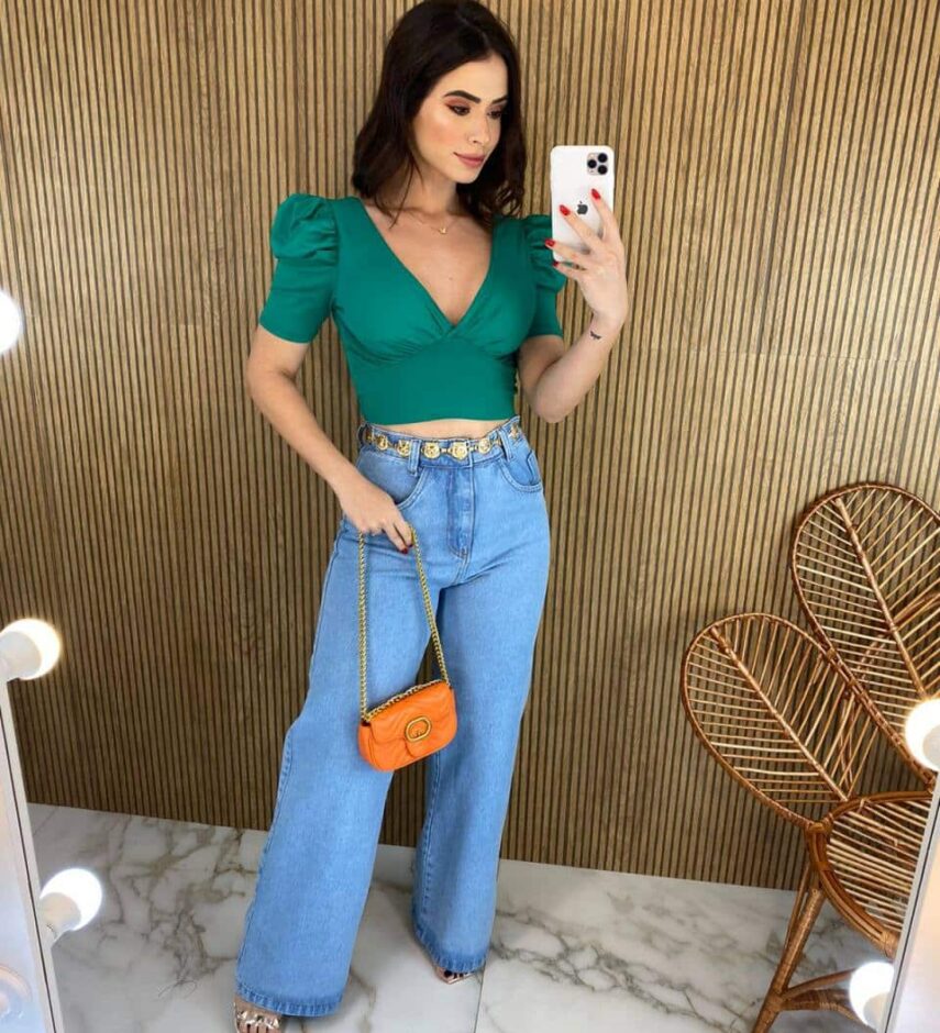 Cropped Feminino Manga Princesa com Bojo e Amarração Verde - Fernanda Ramos Store