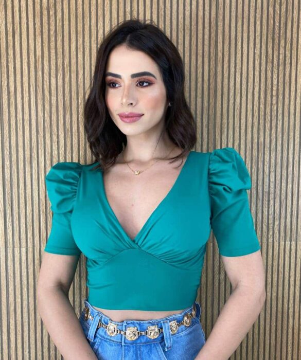 Cropped Feminino Manga Princesa com Bojo e Amarração Verde - Fernanda Ramos Store