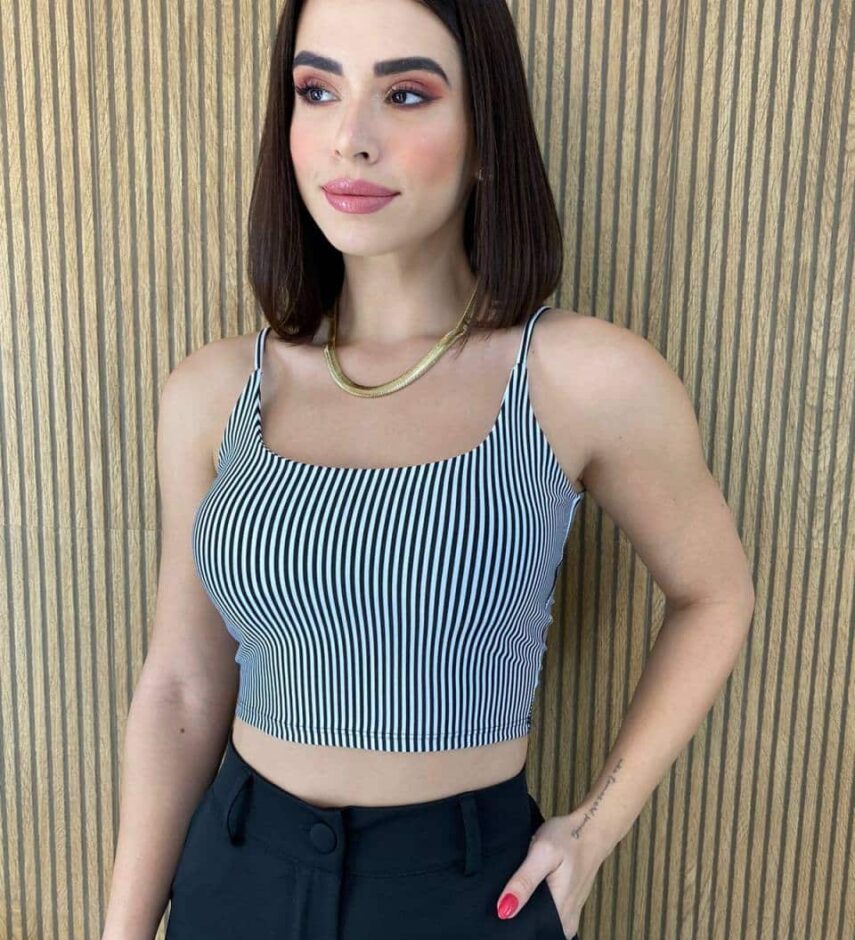 Cropped Feminino sem Bojo Alça Fina Listrado - Fernanda Ramos Store
