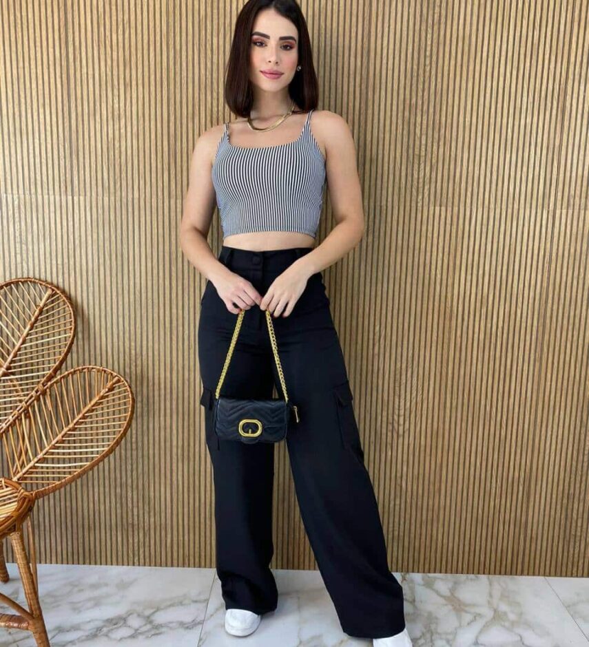 Cropped Feminino sem Bojo Alça Fina Listrado - Fernanda Ramos Store