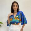 Cropped Feminino sem Bojo Estampado Azul com Amarração - Fernanda Ramos Store