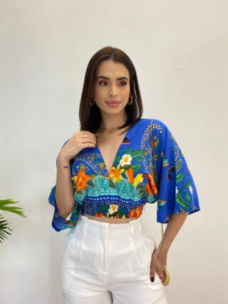 Cropped Feminino sem Bojo Estampado Azul com Amarração - Fernanda Ramos Store