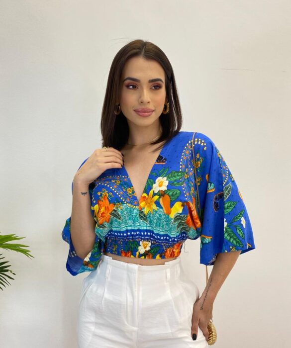 Cropped Feminino sem Bojo Estampado Azul com Amarração - Fernanda Ramos Store