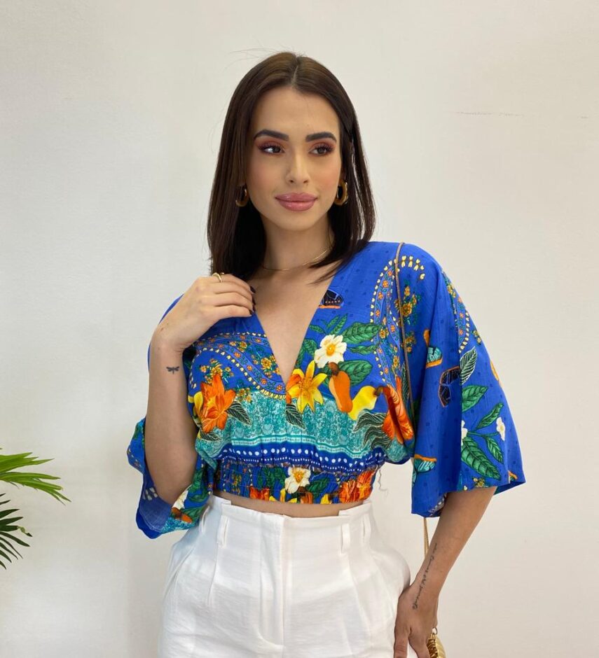 Cropped Feminino sem Bojo Estampado Azul com Amarração - Fernanda Ramos Store