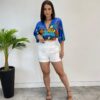 Cropped Feminino sem Bojo Estampado Azul com Amarração - Fernanda Ramos Store