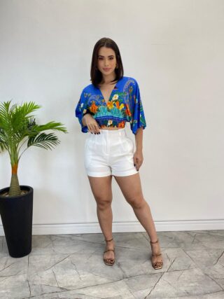 Cropped Feminino sem Bojo Estampado Azul com Amarração - Fernanda Ramos Store