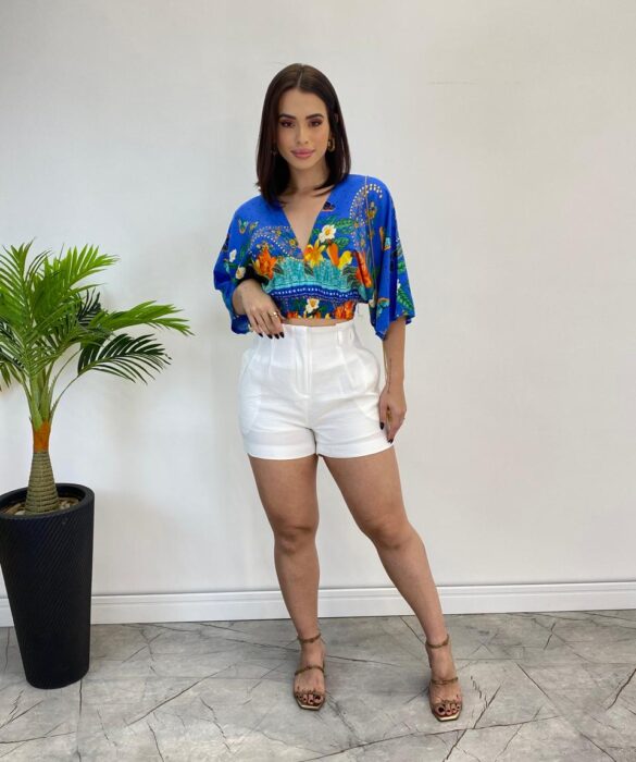 Cropped Feminino sem Bojo Estampado Azul com Amarração - Fernanda Ramos Store